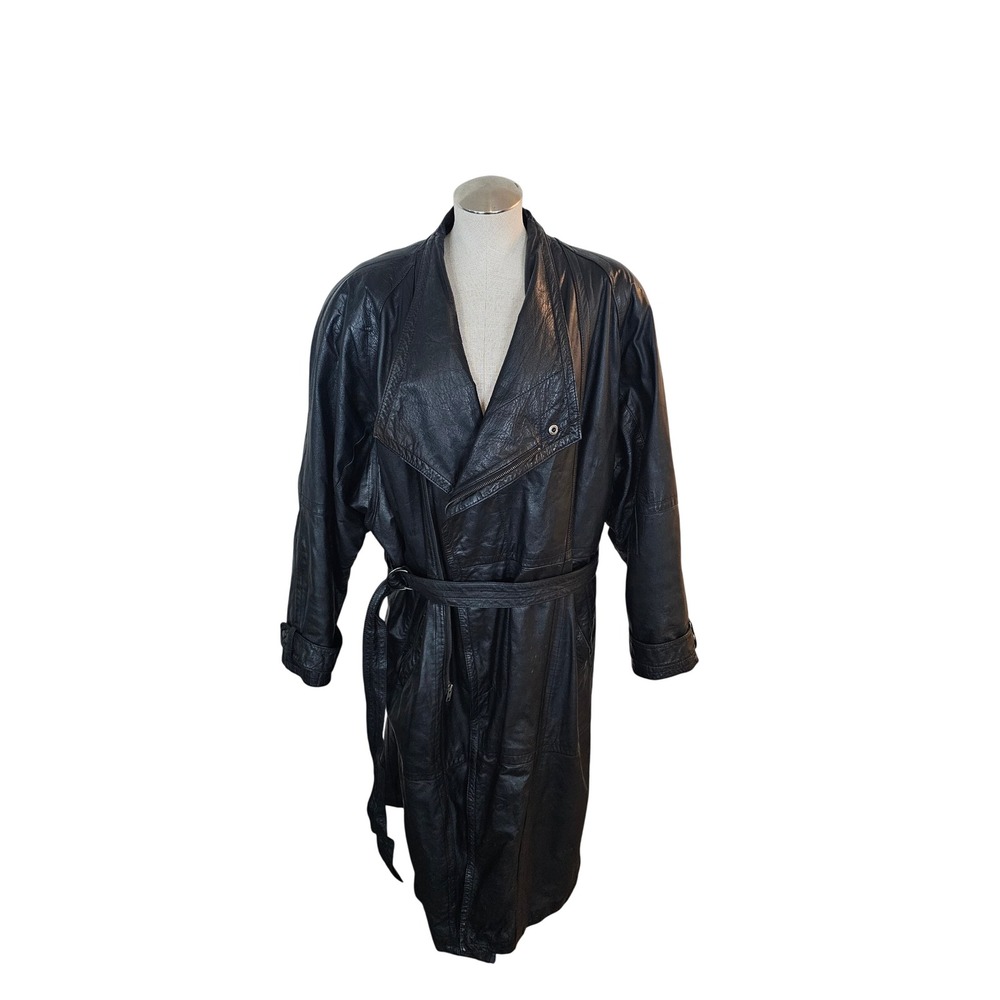 Daniel Young Mens Black Leather Trench Coat Belted Asymmetric Zip Jacket Size 44